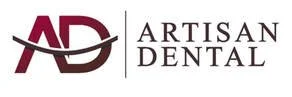 Logo for Artisan Dental featuring stylized initials AD in burgundy and gray.