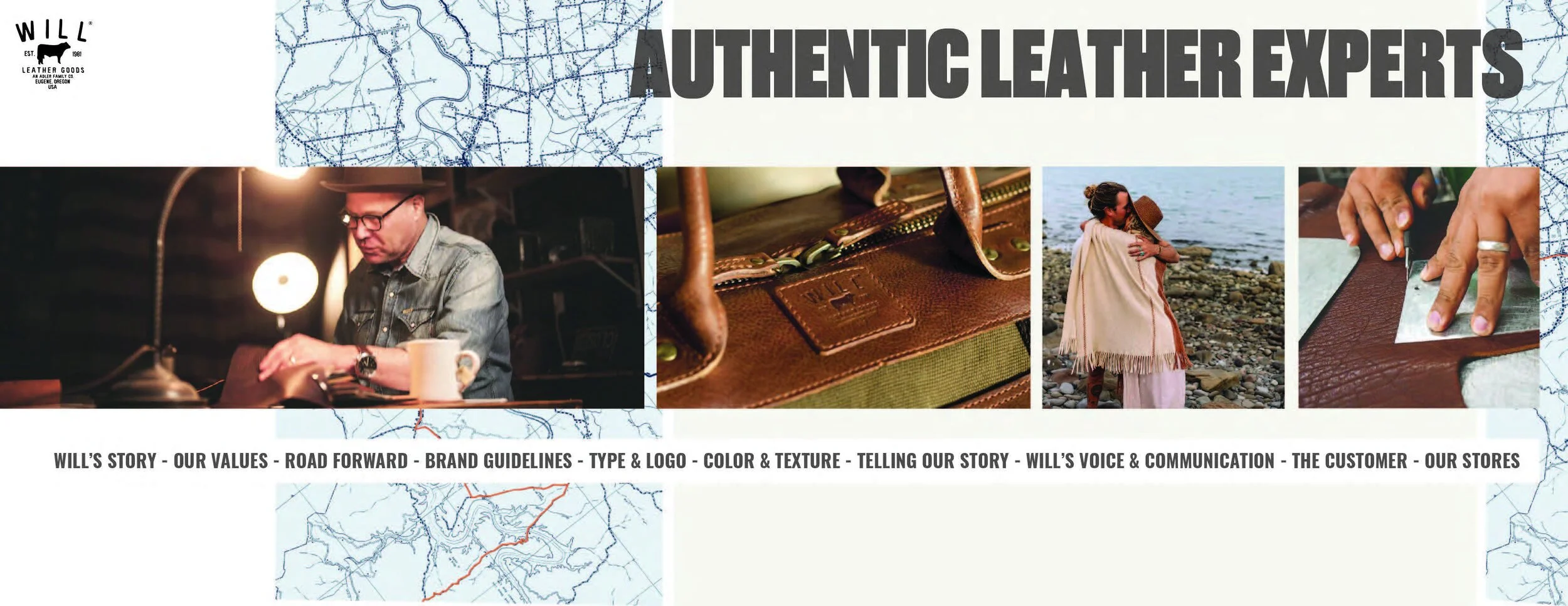 A collage showing a man working on leather crafts, a close-up of leather and stitching, a woman by a rocky shoreline, and a person measuring leather with a ruler, with a background of map outlines and text about leather craftsmanship.