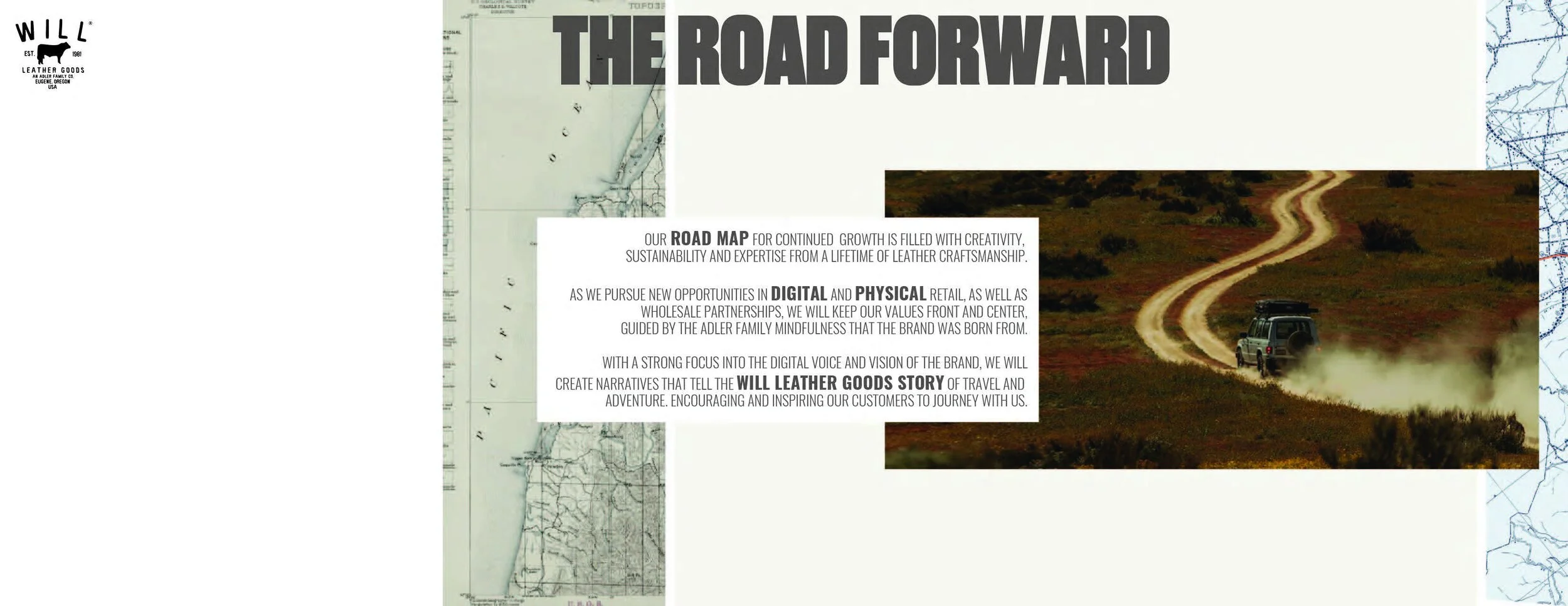 A colorful magazine or brochure layout with a title "The Road Forward" and a paragraph about the company's commitment to sustainability, growth, and storytelling. Contains a background map on the left and a photograph of a dirt road in a hilly landsc