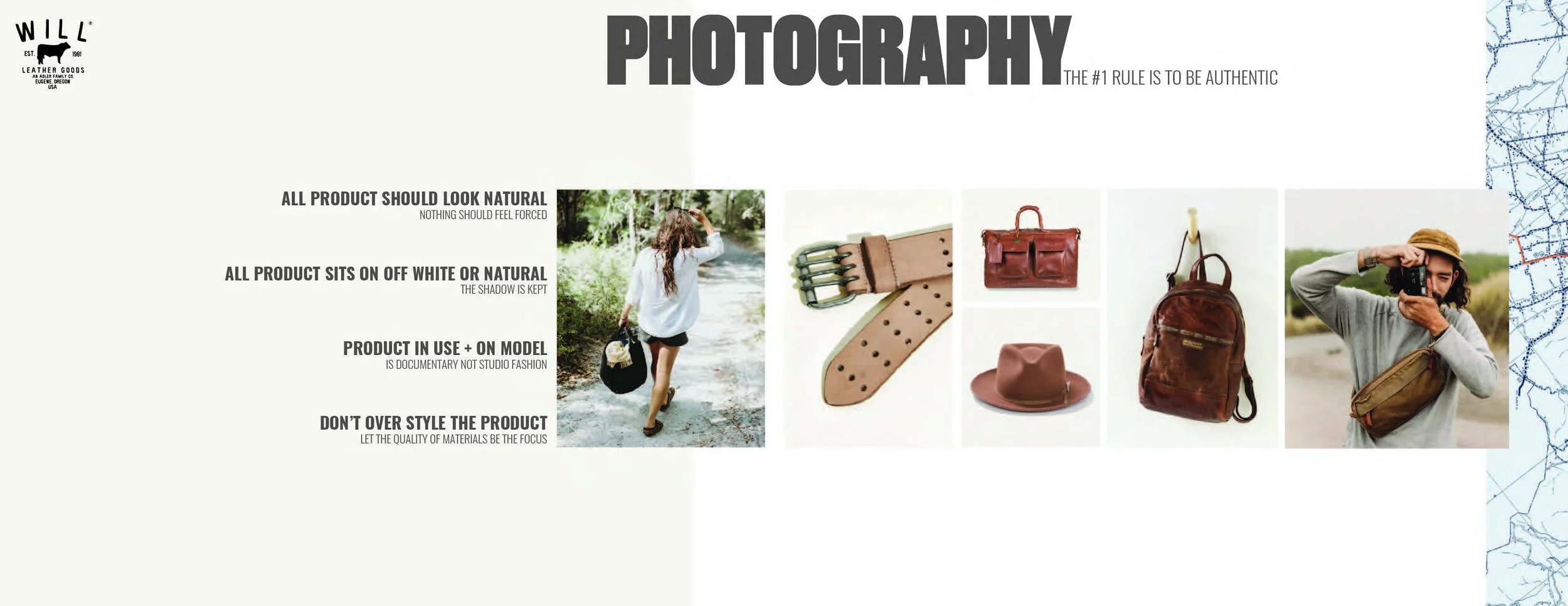 A digital graphic displaying tips for authentic product photography. It features five sections: a woman walking in nature, a collection of leather accessories including belts and a watch strap, a leather handbag, a leather hat, and a man taking a pic