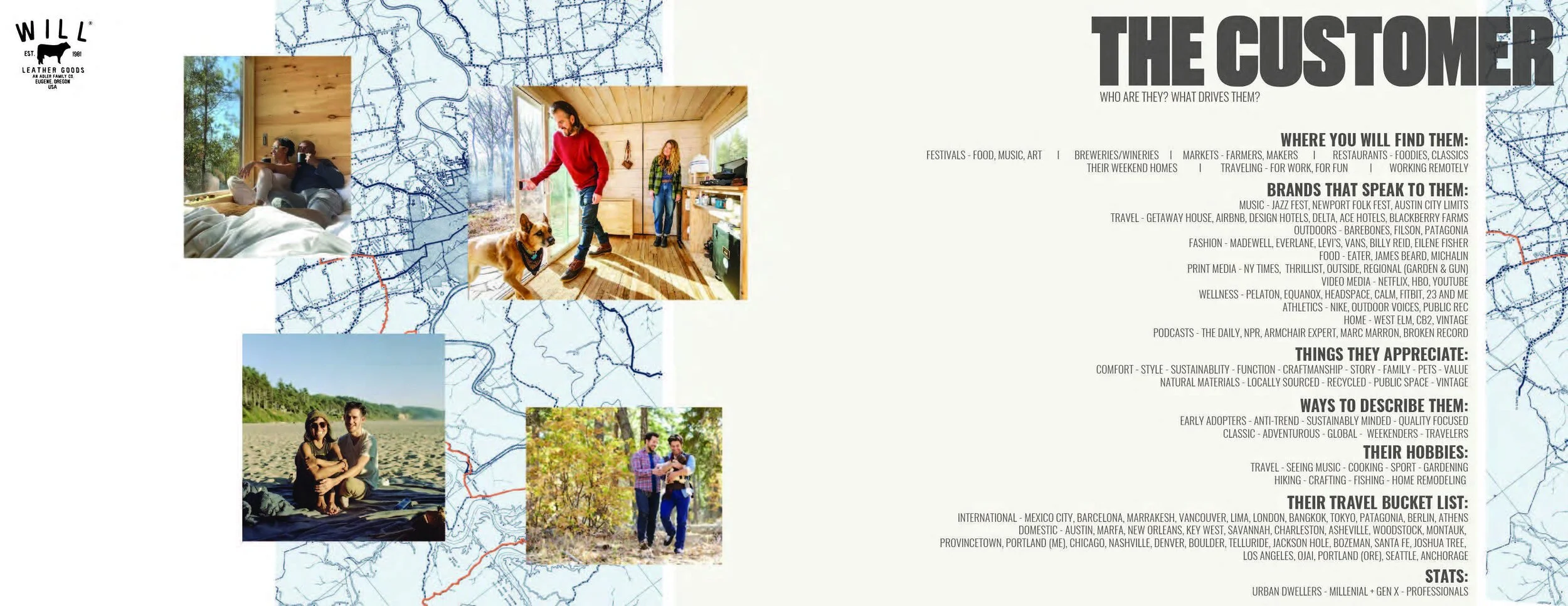A collage of four photos set against a background of a map. The top left photo shows a couple sitting on a bed inside a wooden cabin, looking out a window. The top right photo features a man and woman in a cozy wooden room, with the man walking a dog