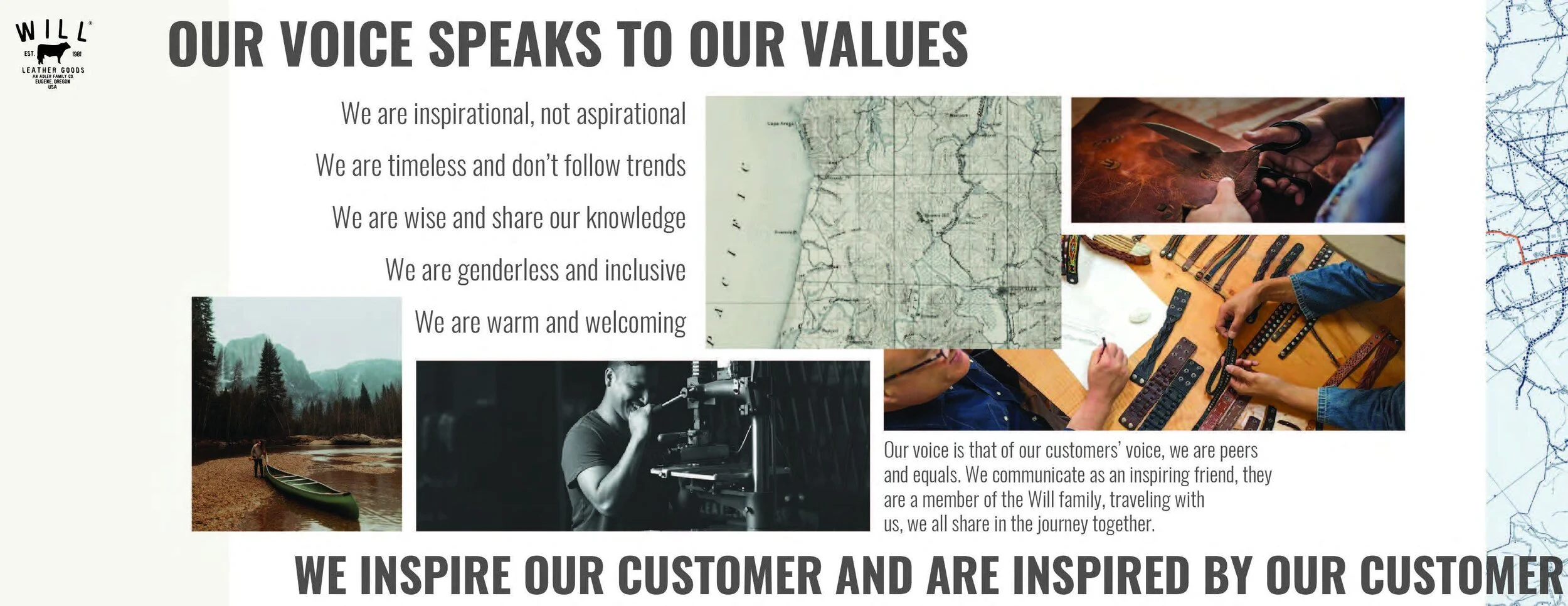 A corporate poster with the title 'Our Voice Speaks to Our Values' displaying text about being inspirational, timeless, wise, genderless, inclusive, warm, and welcoming. It features images of a map, a person working with leather, a person making watc