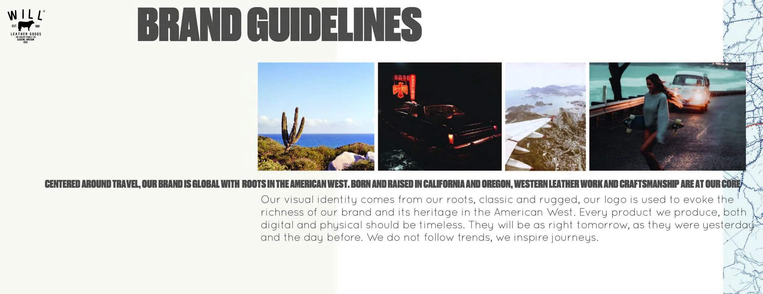A brand guideline page featuring four images: a cactus near the ocean, a neon-lit car at night, an aerial view of mountains and coastline, and a woman with a skateboard beside a car at sunset. The text discusses the brand's roots, global presence, an