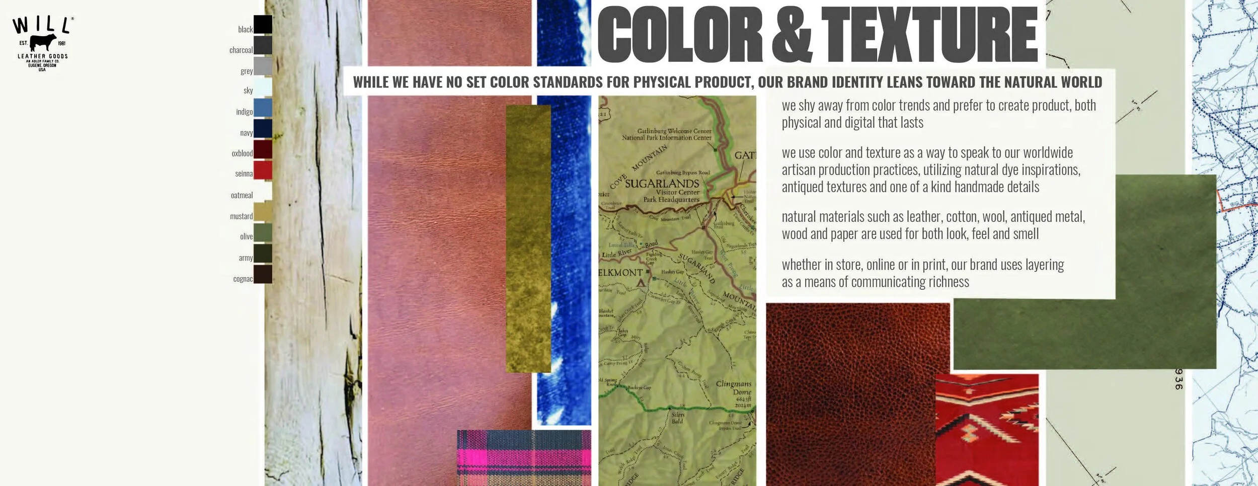 An infographic titled 'Color & Texture' explaining a brand's focus on natural materials and layered visuals. It includes a color palette on the left with shades from black to cognac, and sample textures and patterns like wood, fabric, leather, and a 