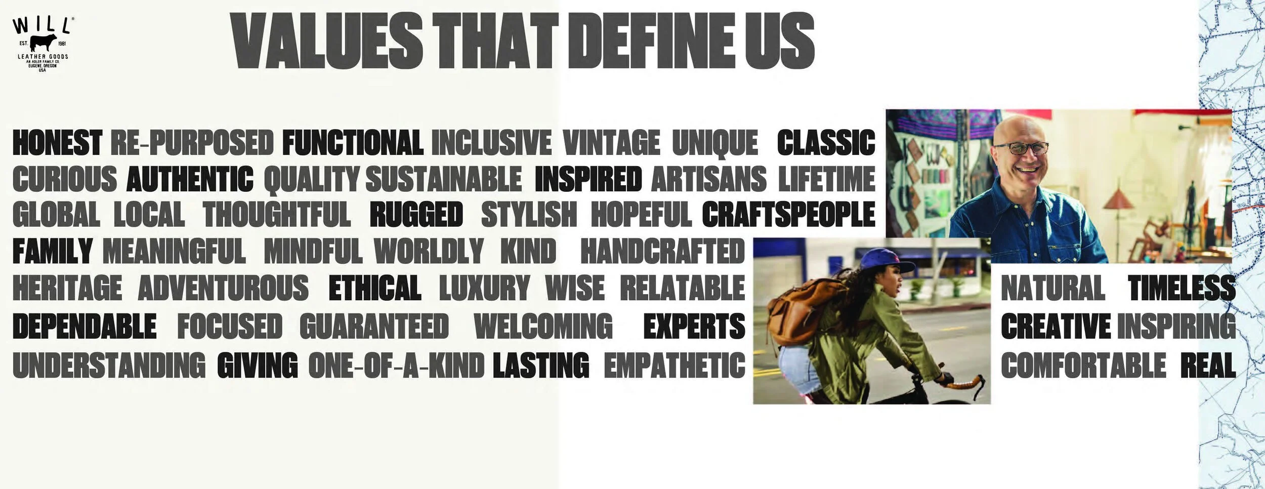 A collage with the title 'Values That Define Us' at the top. The left side features a list of values in bold black and gray text, including words like 'honest,' 'authentic,' 'family,' 'trustworthy,' and 'kind.' The right side has three pictures: an o