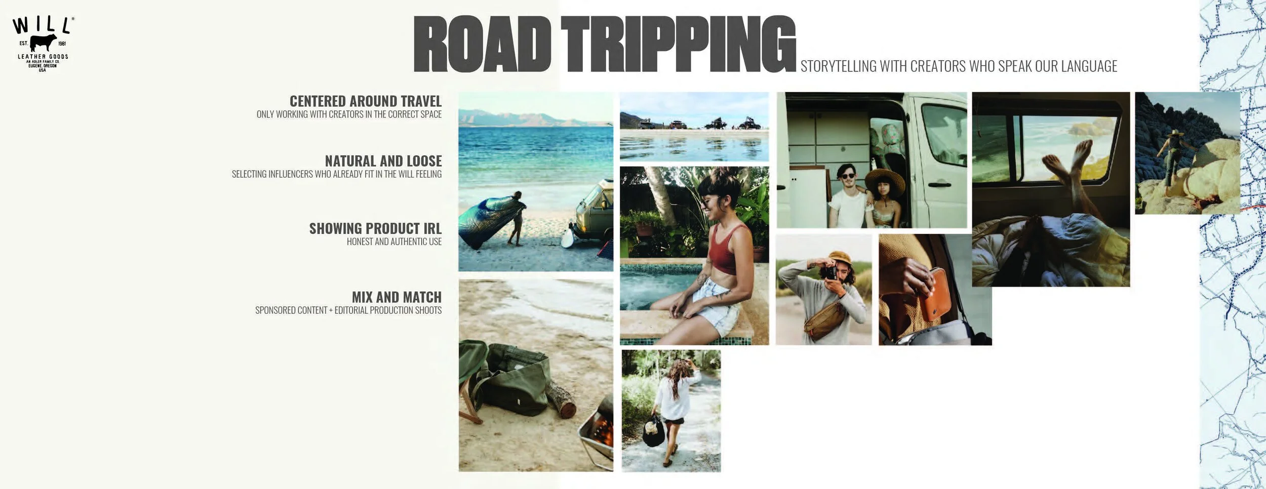 Collage of travel and outdoor adventure scenes, including beaches, lakes, forests, and people enjoying nature, with overlaid text about road tripping and storytelling.