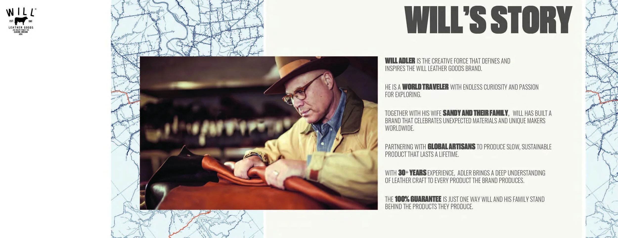 A profile of Will Adler wearing glasses and a wide-brimmed hat, working with leather in a workshop. The image accompanies a brand story about his background and partnership in leather goods.