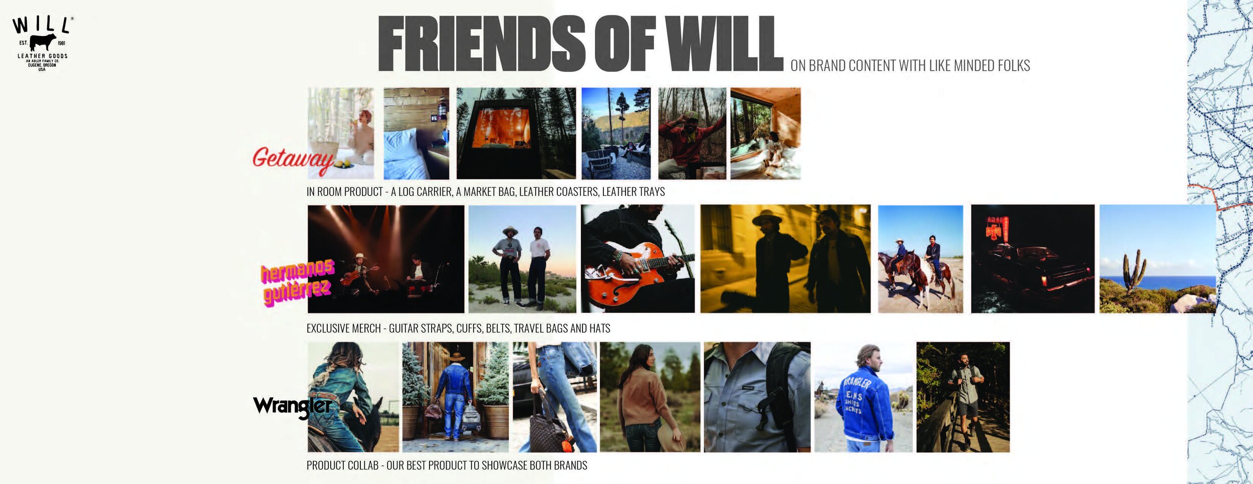 Collage of outdoor and travel scenes featuring people, nature, and merchandise including guitar straps, belts, and travel bags, alongside promotional text for a brand partnership.