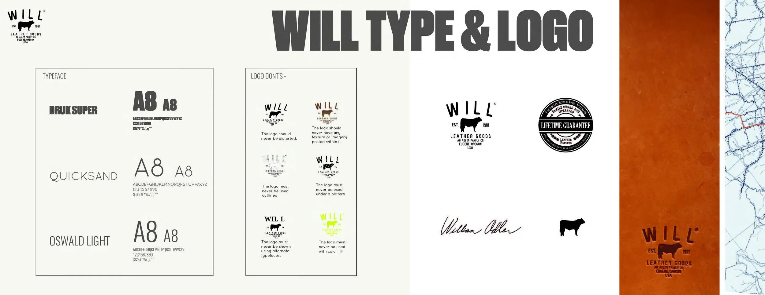 Design board showing logo and branding guidelines for Will Type & Logo, including font samples, do's and don'ts, and application examples, with a map and leather texture background on the right side.