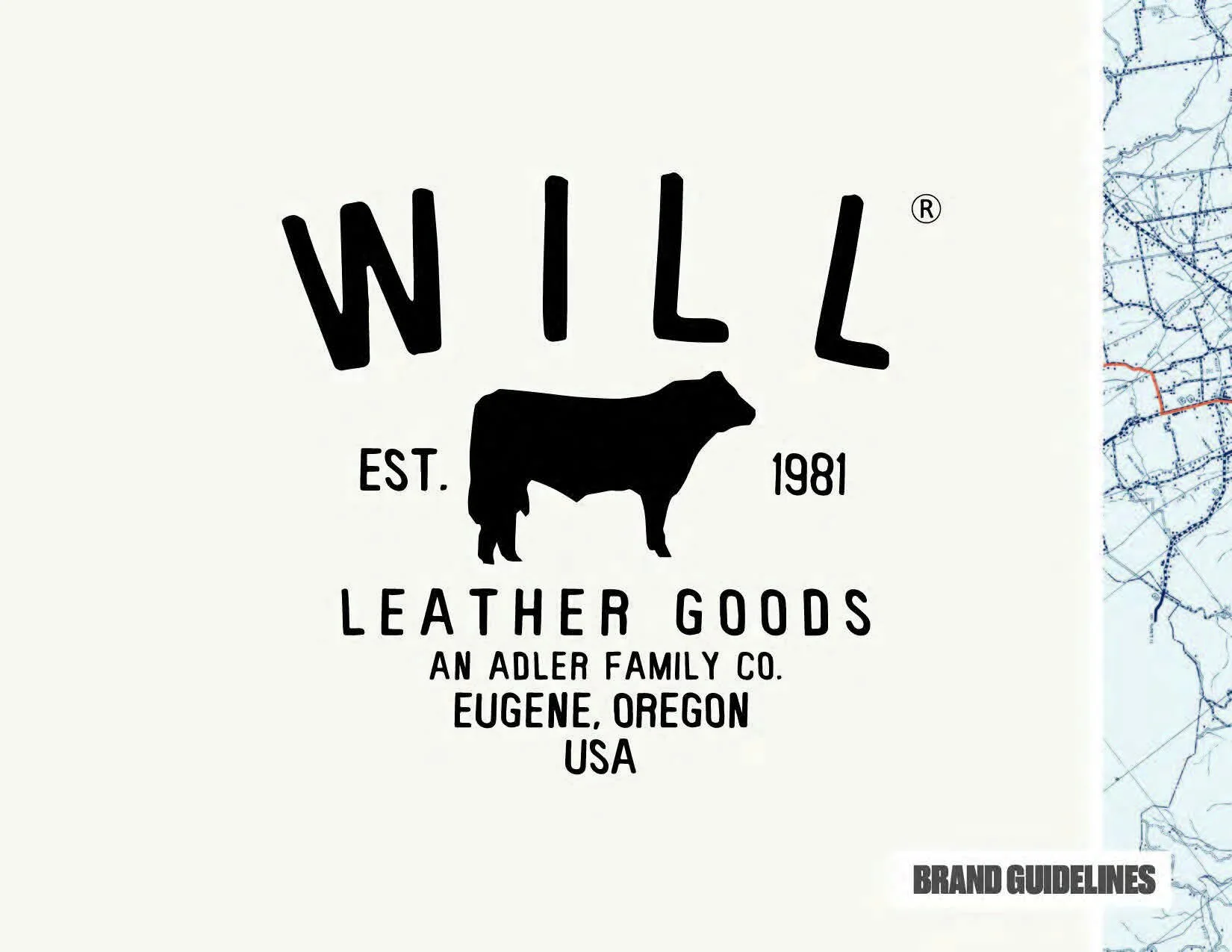 Logo for Will Leather Goods featuring a silhouette of a calf with a large background. Text includes 'WILL,' 'EST. 1981,' 'LEATHER GOODS,' 'AN ADLER FAMILY CO., EUGENE, OREGON,' and 'USA.' A small section of a map is visible on the right.