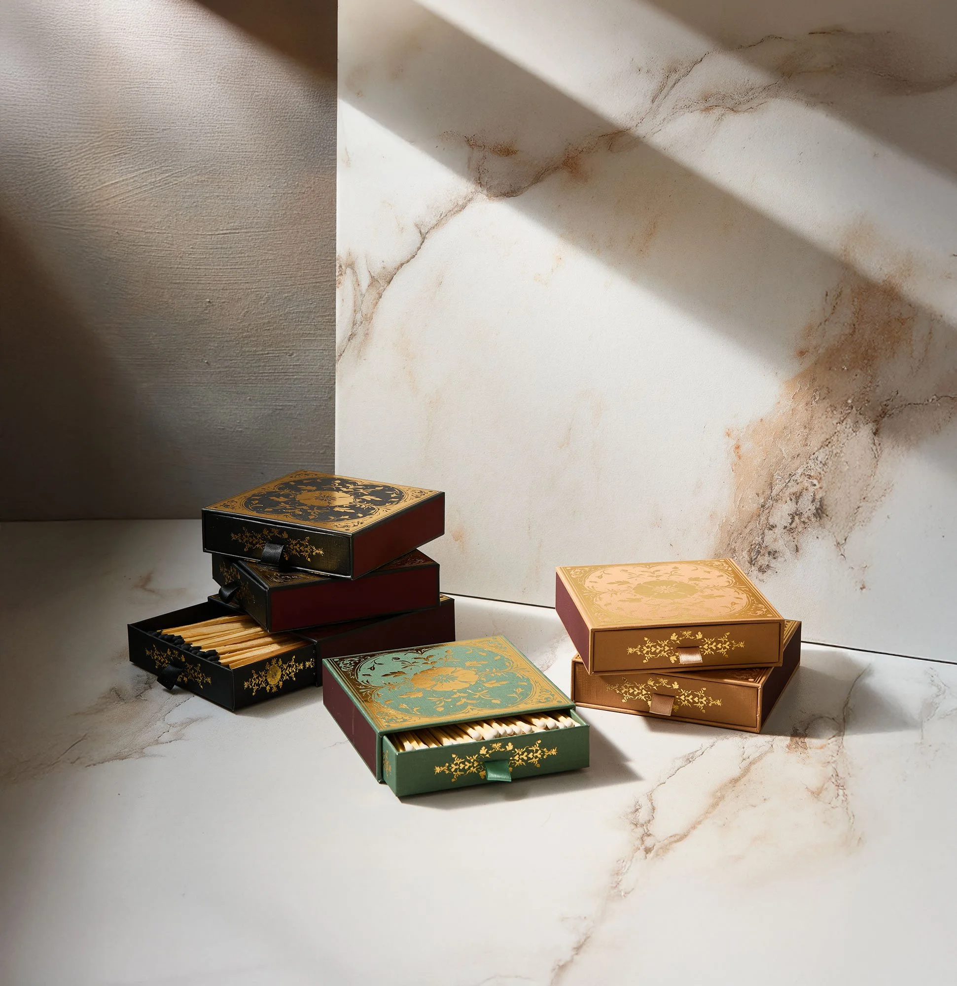 A set of decorative boxes with intricate gold and black designs, stacked and arranged on a flat surface in front of a marble-textured wall with dramatic lighting and shadows.