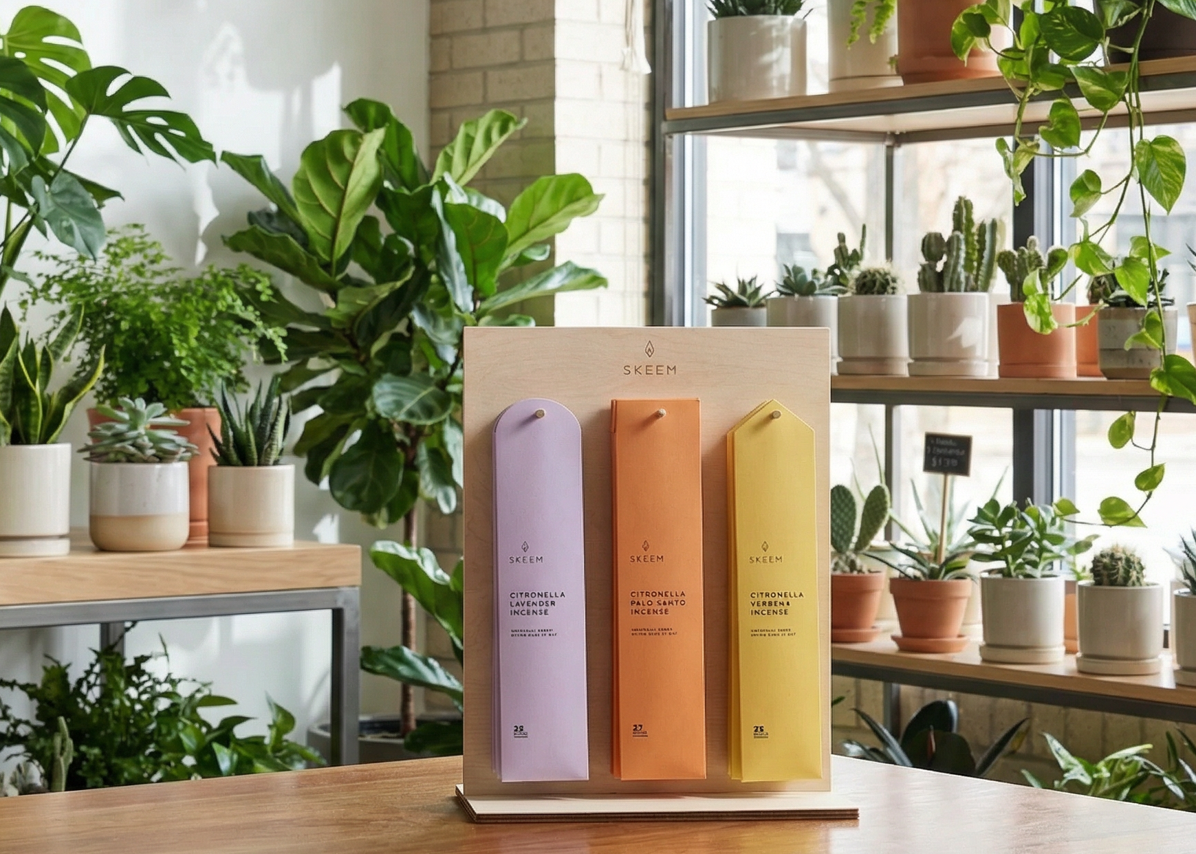 Display of three scented incense sticks in pastel colors of purple, orange, and yellow with plants on shelves in a bright room.