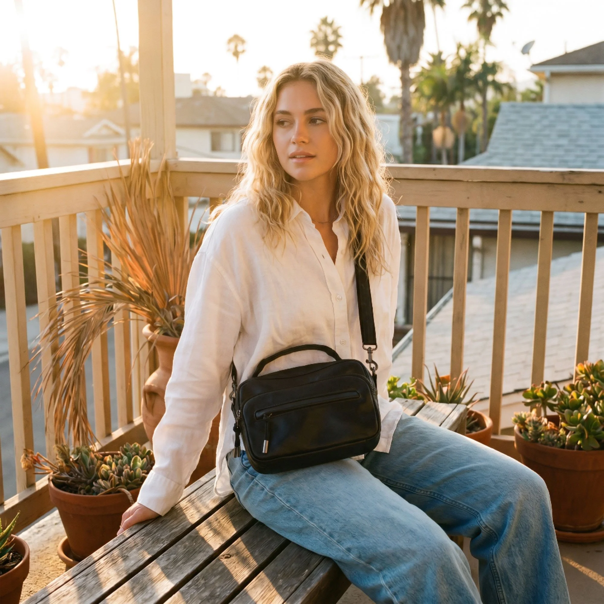 A young woman with long blonde curly hair is sitting on a wooden bench on an outdoor balcony during sunset. She is wearing a white blouse and blue jeans, with a black shoulder bag in her lap. There are potted succulents and plants on the deck, with palm trees and houses in the background.