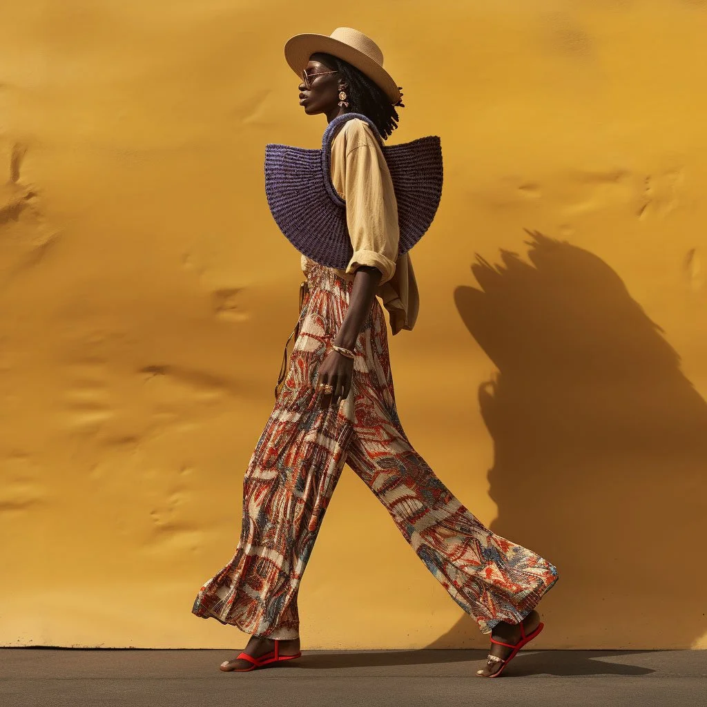 A woman walking in front of a yellow wall, wearing wide-leg patterned pants, a tan top, purple shoulder wrap, wide-brimmed hat, sunglasses, and red sandals.