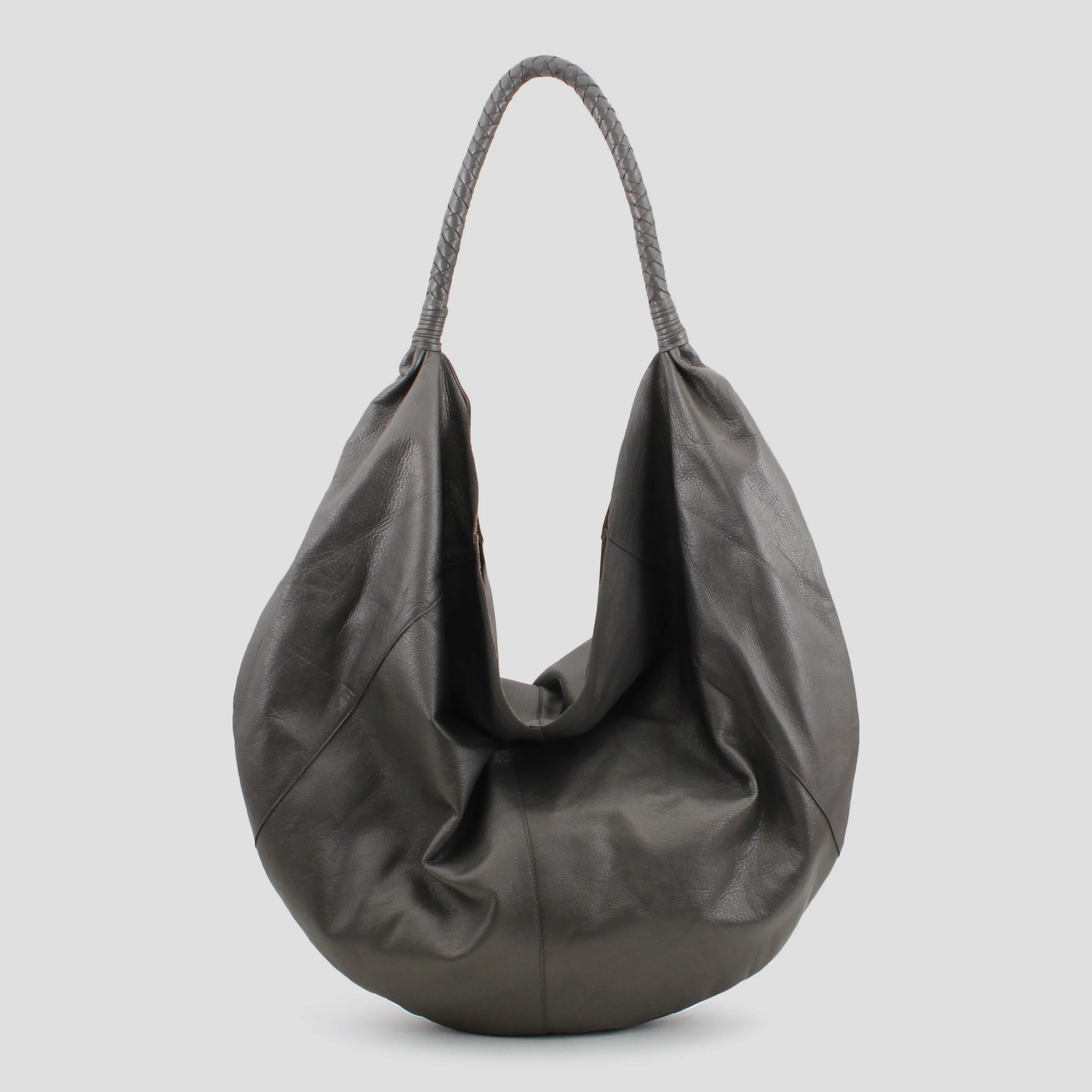 A black leather handbag with braided handles and a rounded bottom, displayed against a plain white background.