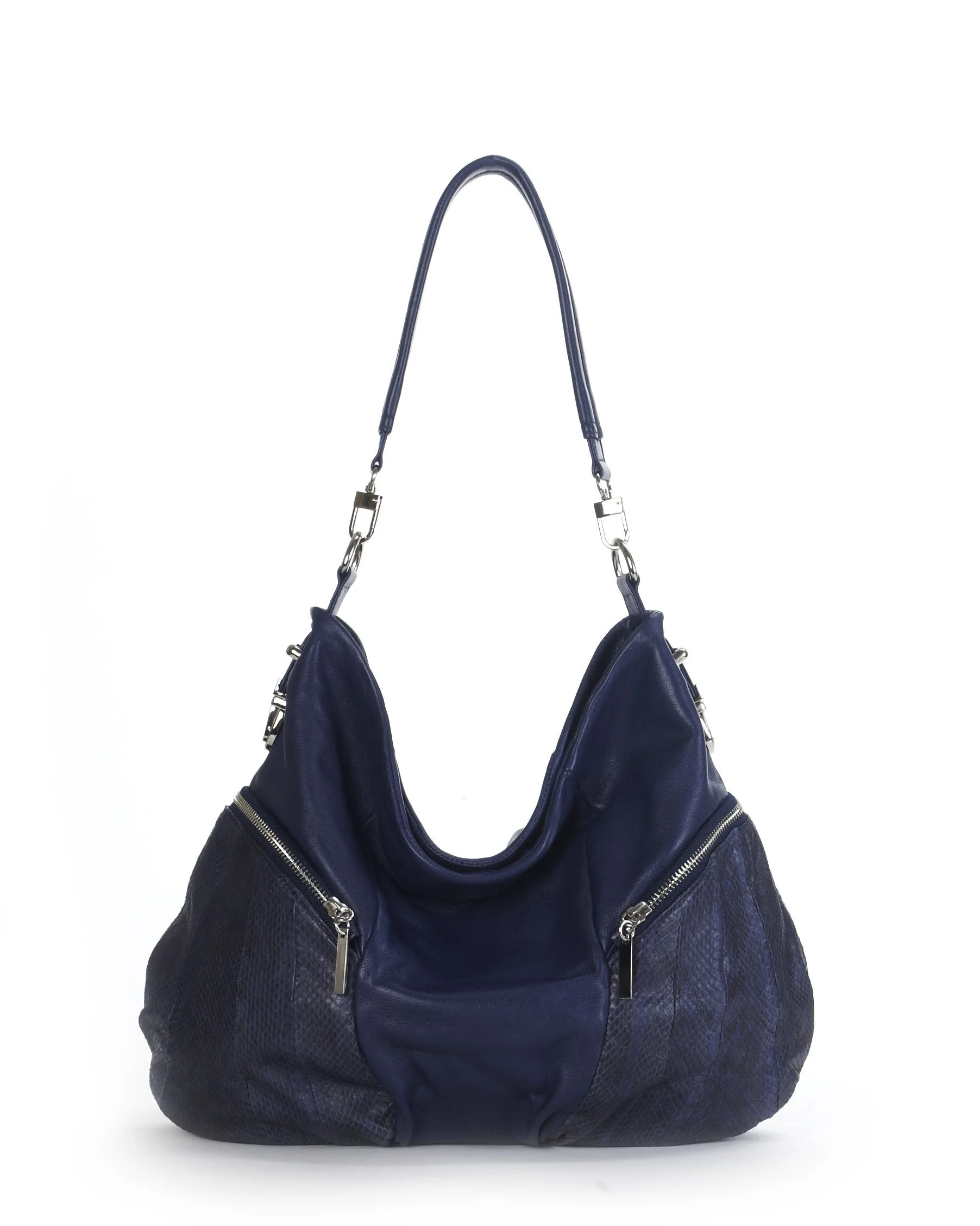 Blue leather handbag with quilted design and silver zippers on a white background.