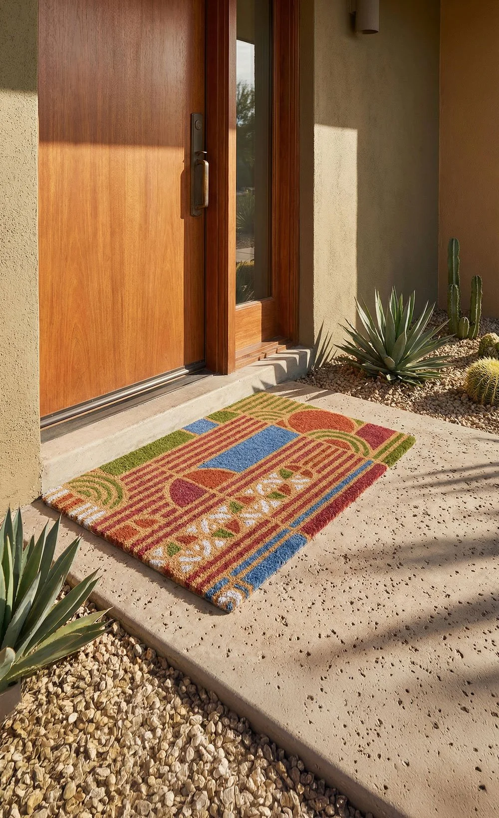 Front porch with a colorful patterned doormat, a wooden door, desert plants including an agave and cacti, and a concrete walkway with gravel on the sides.