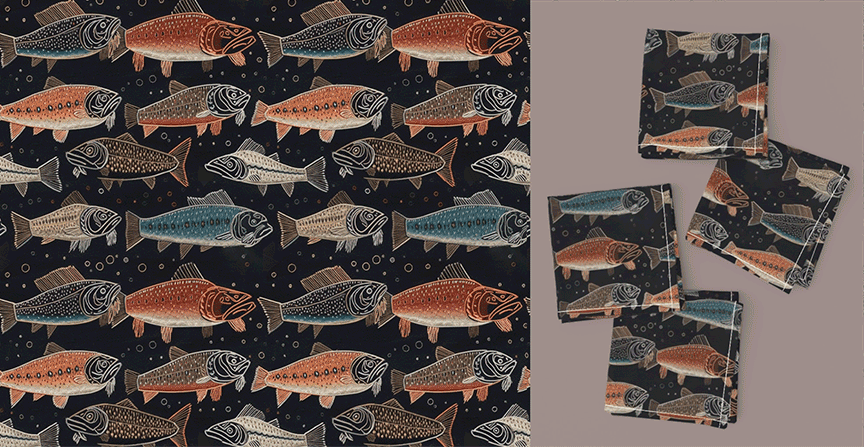 A fabric with a pattern of stylized fish in orange, blue, and neutral tones on a black background, accompanied by matching napkins.