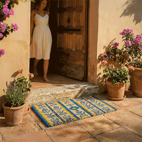 A woman in a white dress stands on a porch next to an open wooden door. Potted pink and purple flowers decorate the porch, and a blue and yellow patterned rug is outside the door on the tiled floor.