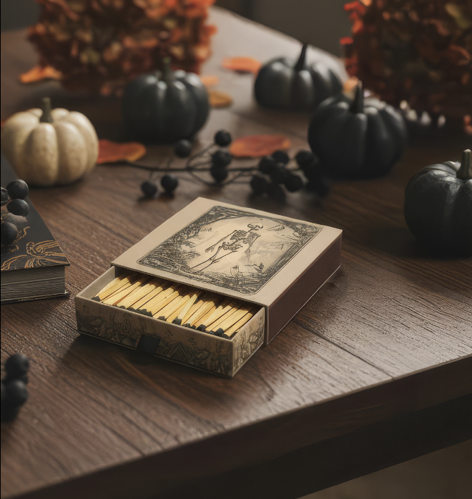 A decorative box of matches on a wooden table surrounded by pumpkins and autumn leaves.