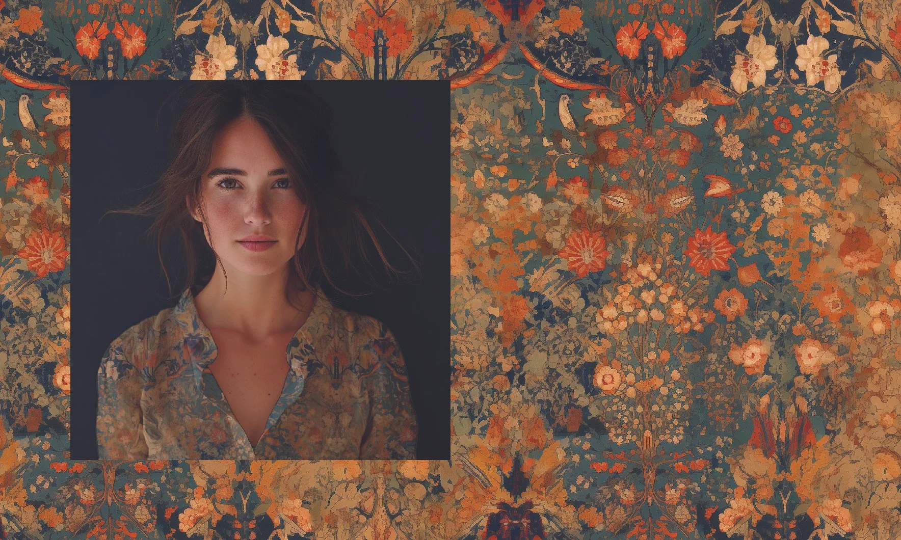 A portrait of a young woman with brown hair and freckles, wearing a floral shirt, against a dark background. The image is placed on a fabric with an intricate floral pattern in shades of orange, cream, and green.