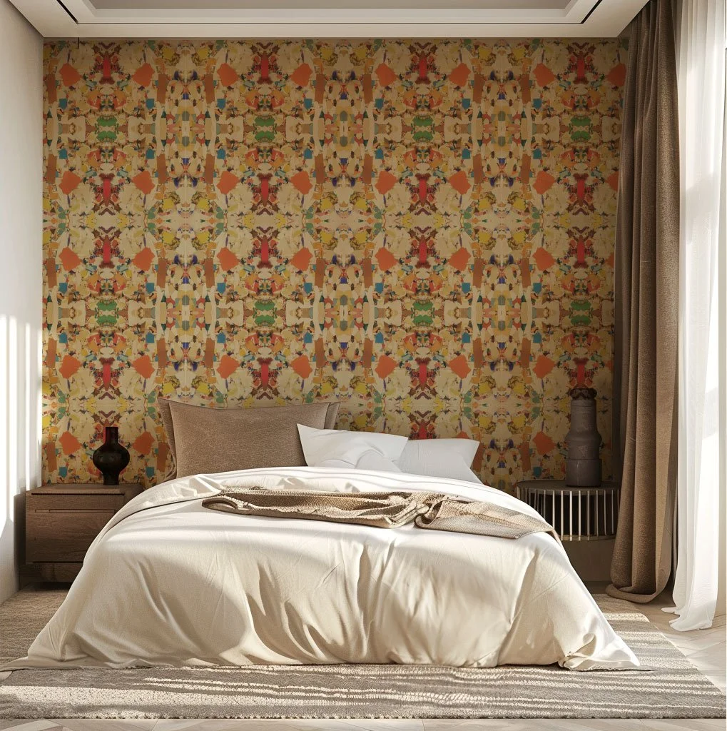 A bedroom with a bed, pillows, and a blanket, featuring a colorful, patterned wallpaper behind the bed, and curtains on the right side.