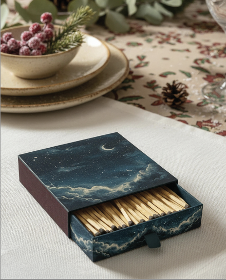 A decorative matchbox with a night sky and cloud design, placed on a table near holiday decorations including a bowl of berries, plates, a pine cone, and a festive tablecloth.
