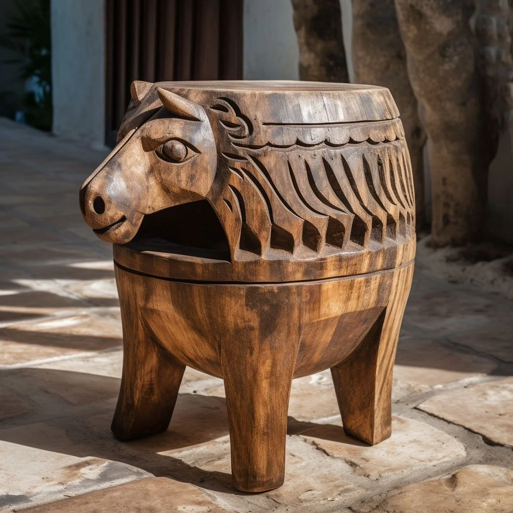A wooden stool with a carved horse's head and decorative mane design.