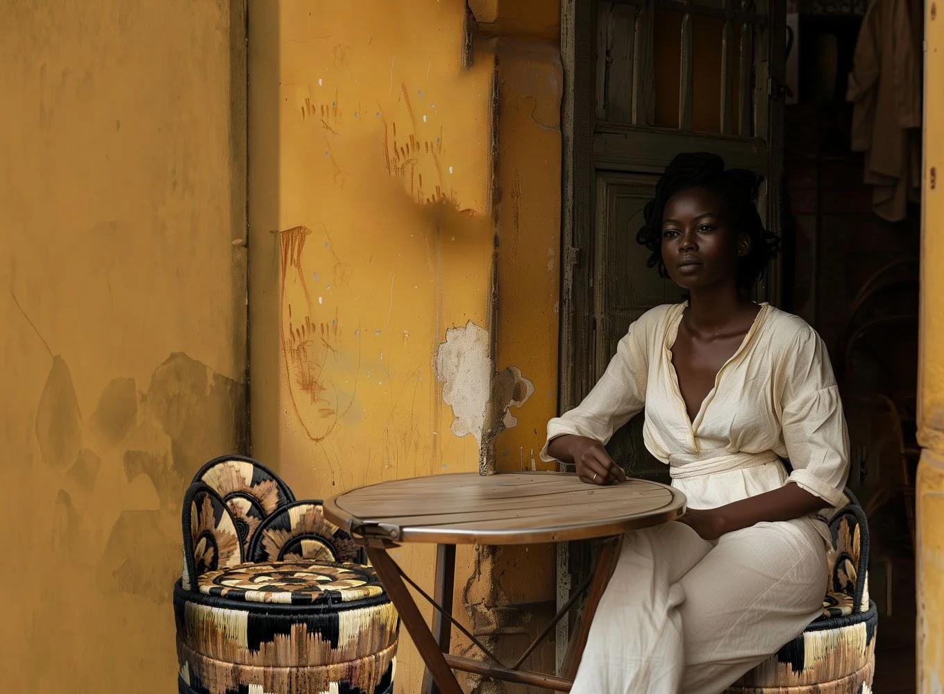 A woman with dark skin and black curly hair sitting at a round wooden table on a porch with yellow walls. She is wearing a cream-colored dress, and two matching patterned chairs with black, tan, and white designs are beside her. The wall behind her has some peeling paint and drawings.
