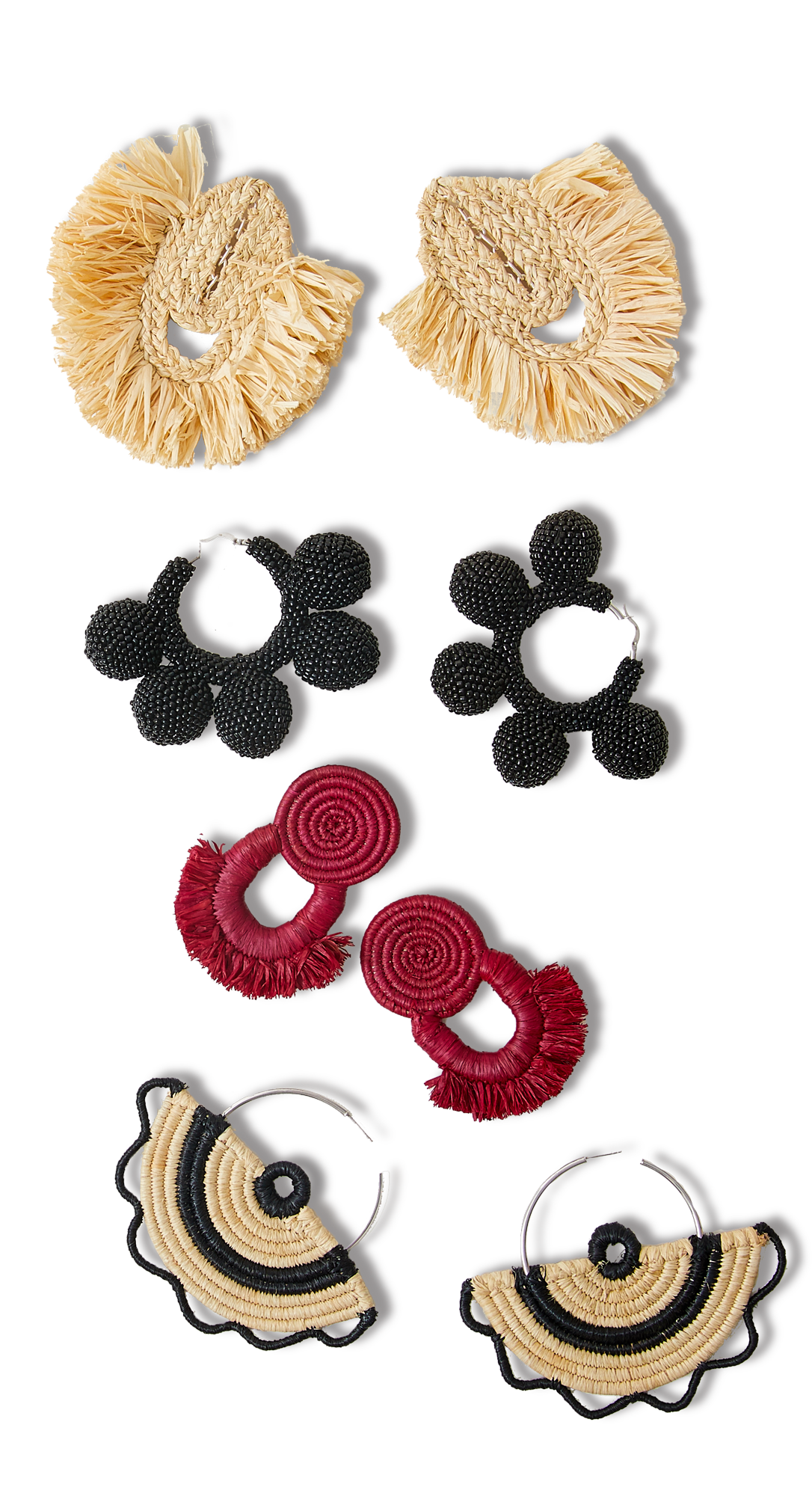 Collection of six pairs of earrings with various colors and designs, including woven, beaded, and textile styles.