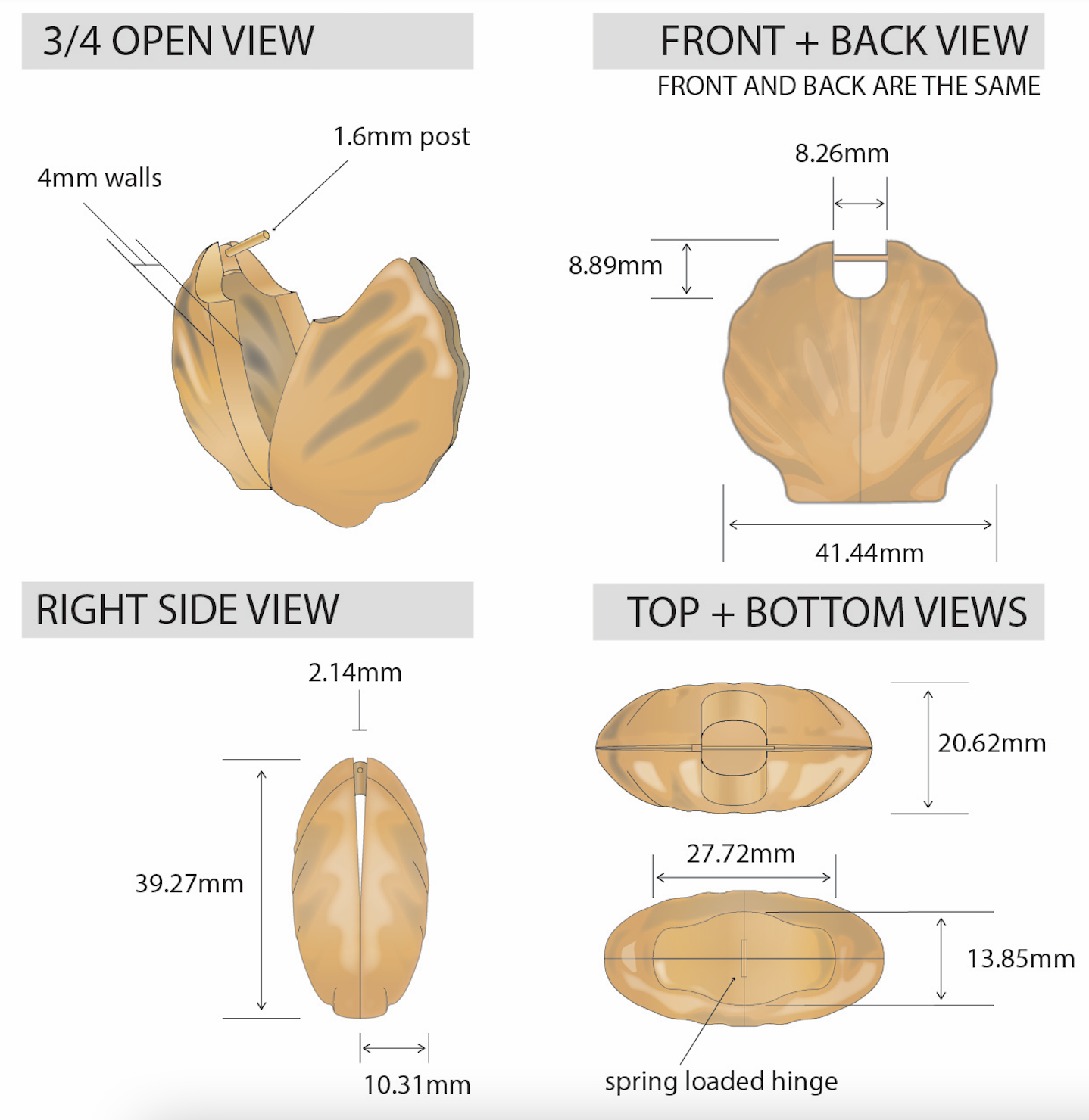 Diagram of a seashell with measurements and views including 3/4 open view, front and back view, right side view, and top and bottom views, showing dimensions in millimeters.