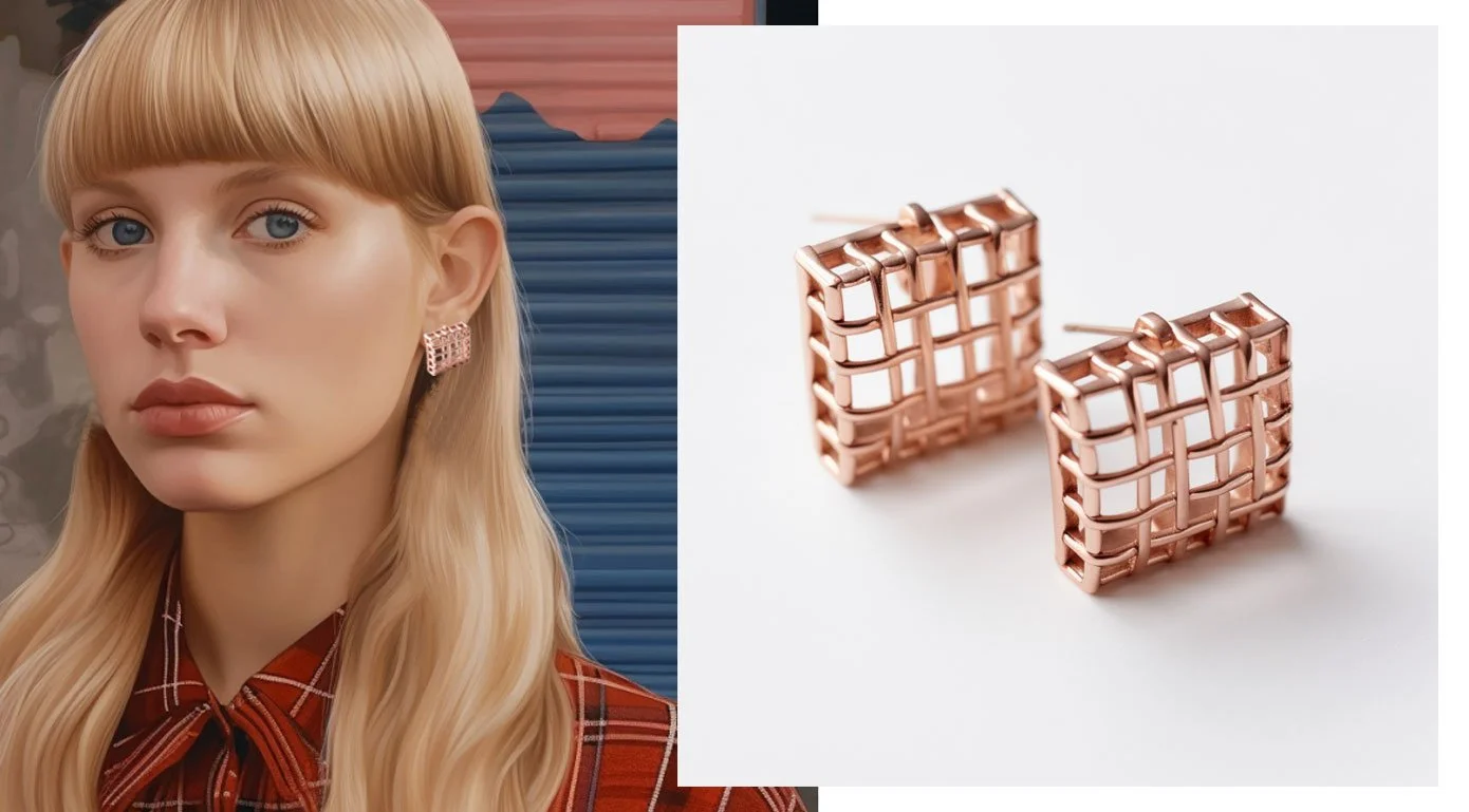 A woman with blonde hair wearing a plaid shirt and rose gold grid pattern earrings, with a background featuring a desert landscape with mountains and a blue sky, and a separate close-up image of the earrings showing their rectangular shape and grid design.