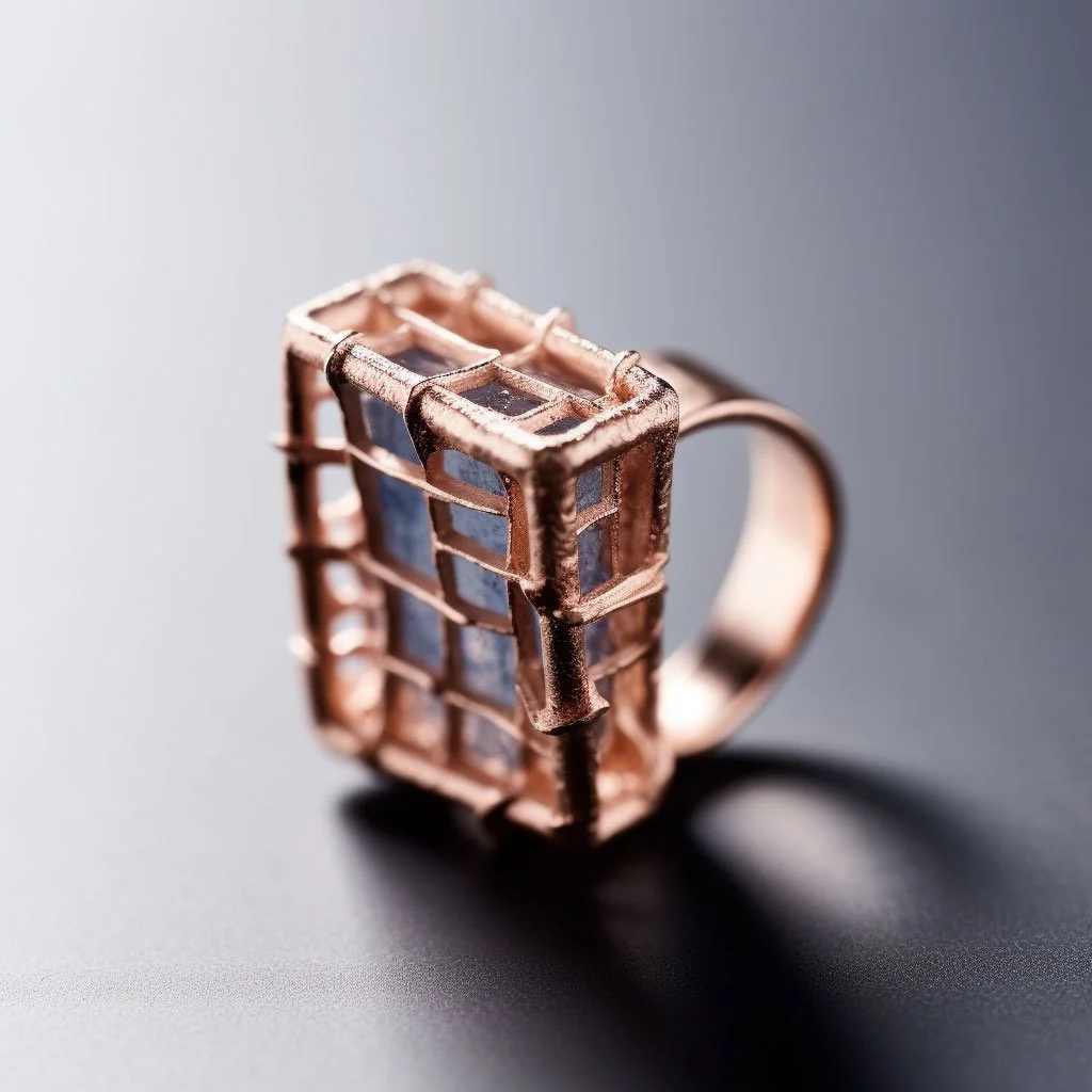Close-up of a gold or rose gold ring designed to resemble a 3D printer or robotic arm structure, with a geometric, grid-like design and small black and blue accents.