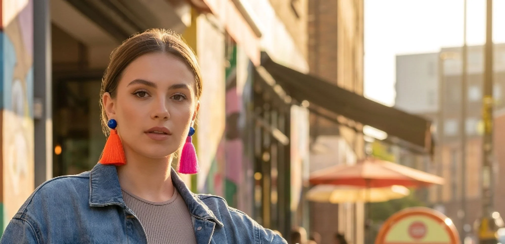 A young woman with medium-length hair and makeup, wearing colorful tassel earrings, a denim jacket, and a gray top, stands outdoors in sunlight with a blurred background of storefronts, colorful umbrellas, and people.