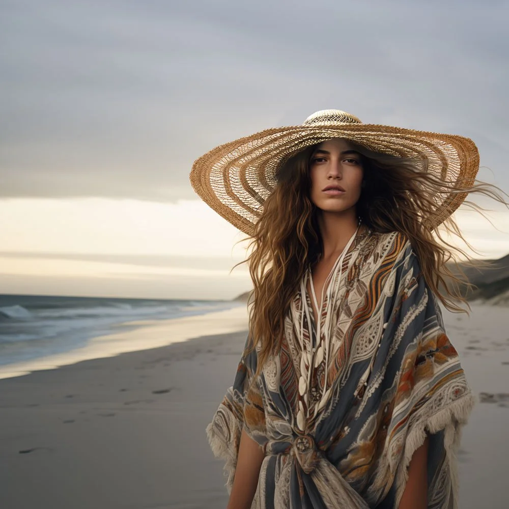 A woman with long wavy hair wearing a large straw sunhat and a patterned beach cover-up standing on a beach with waves and a cloudy sky in the background.