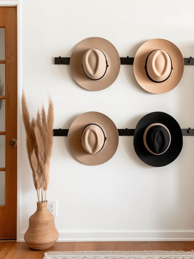 Four wide-brimmed hats hanging on black hooks arranged on a white wall, with a woven beige vase holding pampas grass on the floor to the left.