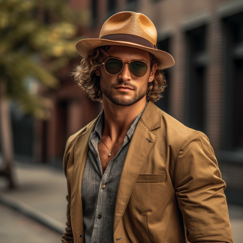 A young man with wavy hair and a beard wearing a fedora, sunglasses, a gray button-up shirt, and a brown blazer, standing outdoors in an urban setting.