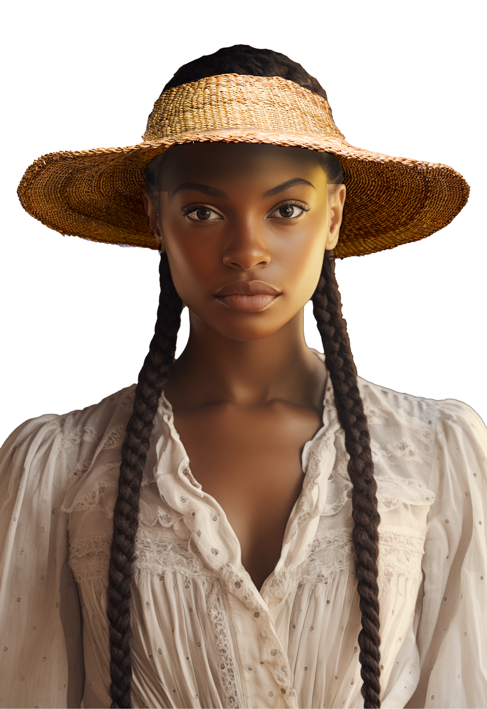 A woman wearing a wide-brimmed straw hat and a cream-colored blouse with lace and embroidered details, with braided hair.
