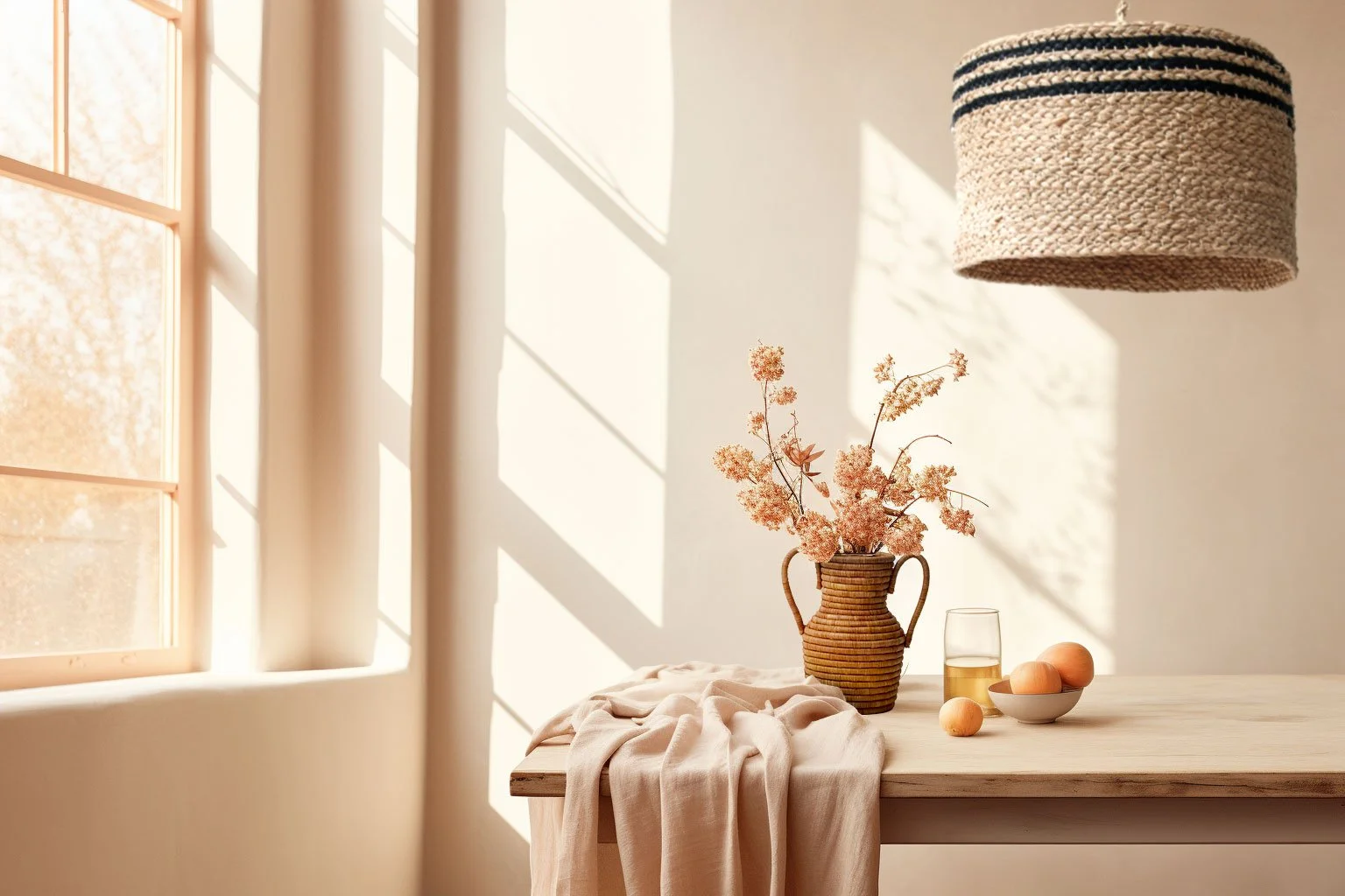 Sunlight streaming through a window illuminating a beige wall and a wooden table with a wicker vase of pink flowers, a glass of tea, some peaches, and a cloth cloth. A woven lampshade hangs from the ceiling.