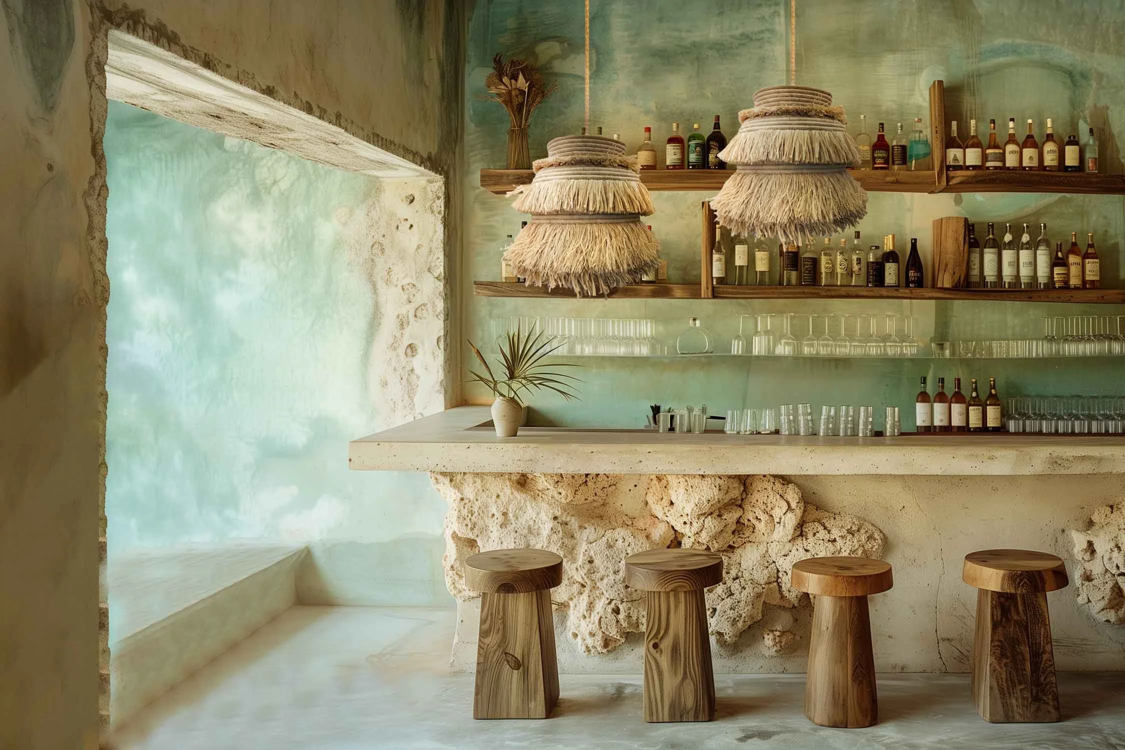 A rustic bar with a concrete countertop and wooden stools, decorated with a potted plant, bottles, and glassware on shelves. The wall has a textured, earthy design with a large, rough stone element.