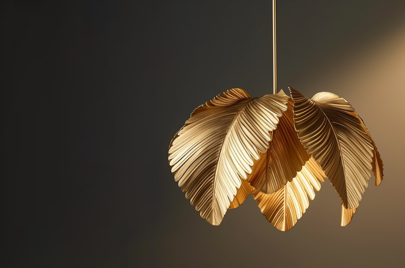 A decorative golden leaf-shaped hanging lamp with multiple layered leaves against a dark background.