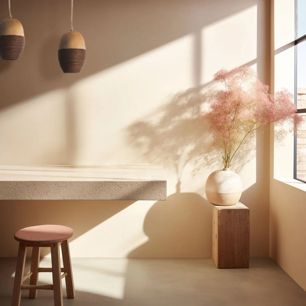 A minimalist interior with a beige wall, two hanging pendant lights, a small pink stool, and a tall wooden stand with a large white ceramic vase holding pink flowering branches near a window.