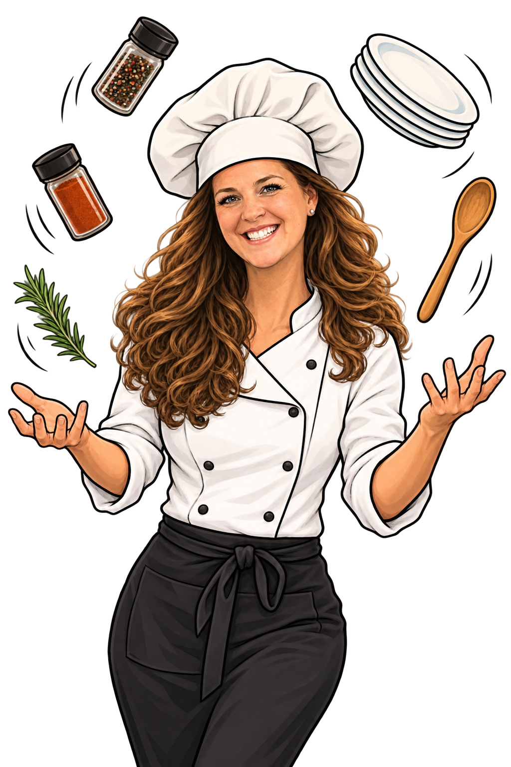 woman juggling 5 ingredients used in making delicious food