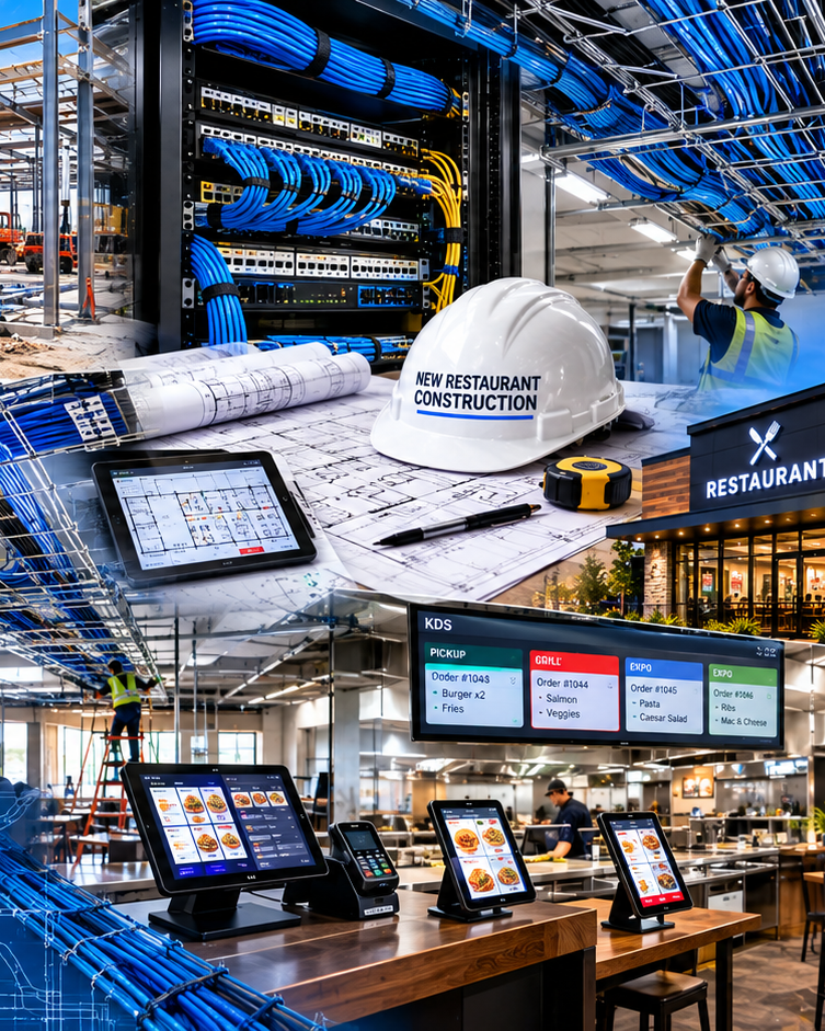 Construction site with server racks, blue and yellow cables, blueprint plans, safety helmet labeled "New Restaurant Construction," and a worker installing wiring. Interior of a restaurant with digital ordering screens and employees preparing food.
