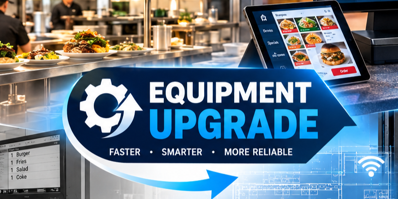 A digital menu screen displaying various food options like burgers, fries, salad, and drinks in a restaurant setting with a promotional graphic for equipment upgrade stating faster, smarter, more reliable.