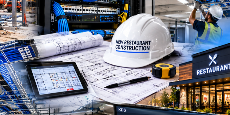 Construction site for a new restaurant with blueprints, a white hard hat labeled 'New Restaurant Construction,' a worker in a safety helmet and vest, and various construction tools and equipment.