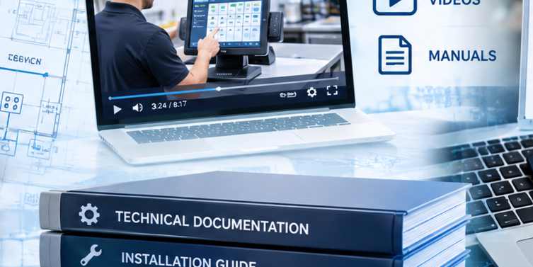 Close-up of stacked technical documentation and installation guide books placed on a desk with a laptop and a smartphone displaying a touchscreen device. Technical drawings and digital interface icons are visible in the background.