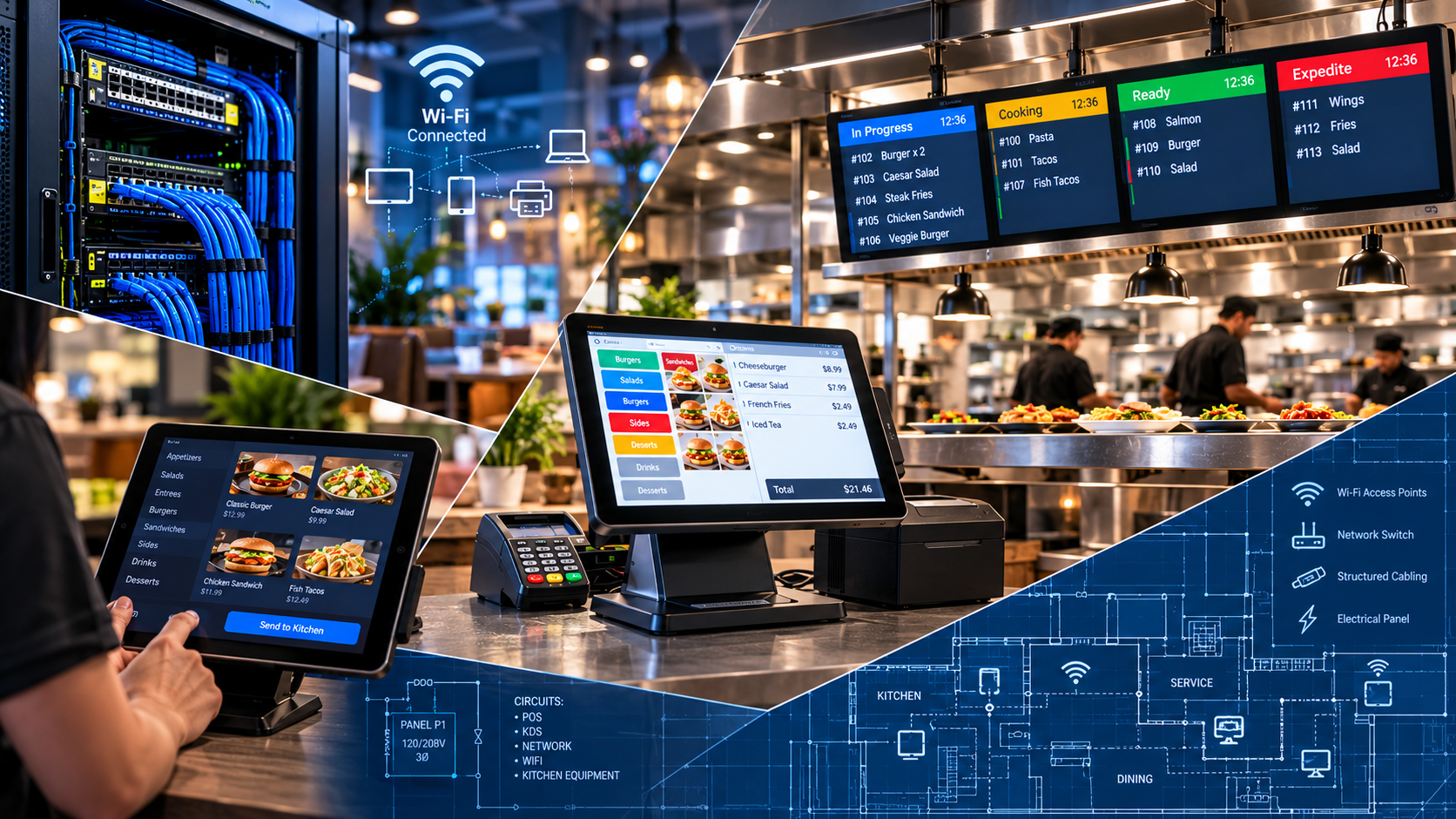 This image shows a modern restaurant or cafe setting with digital screens displaying menu options and order statuses. There's a person using a touchscreen ordering tablet, a point-of-sale (POS) system, and a digital menu board above the counter. The background includes kitchen staff preparing food and digital screens showing order progress and kitchen tasks. The scene emphasizes technology integration in food service and network connectivity, with a blueprint overlay highlighting wiring and technical components.