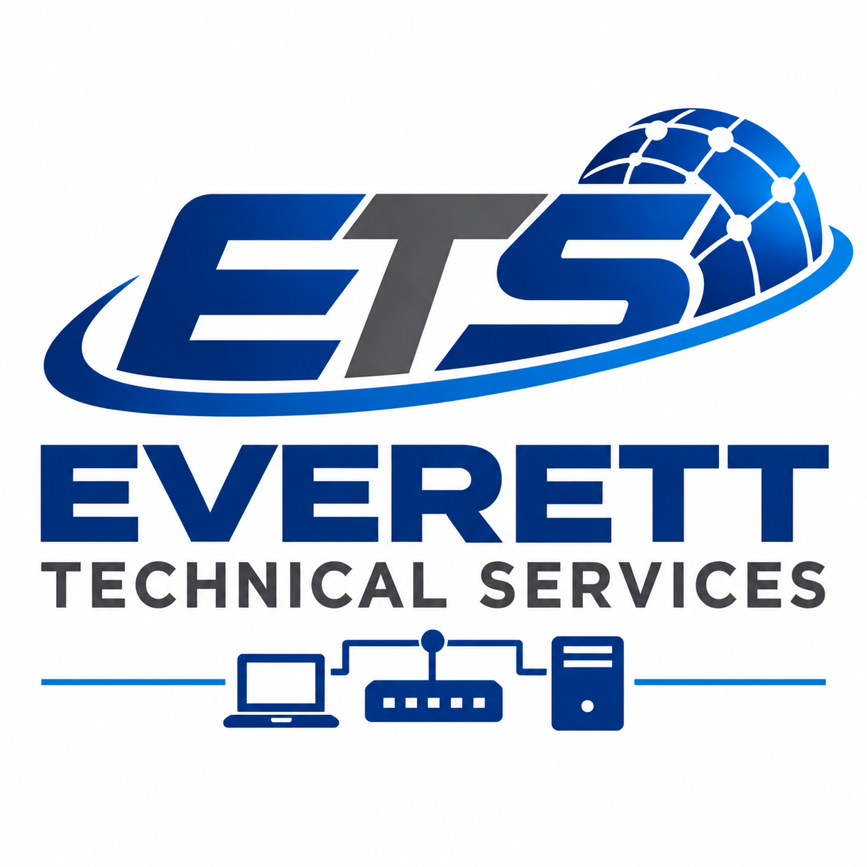 ET5 Everett Technical Services logo featuring a globe with network nodes, and icons of a computer, network switch, and server.