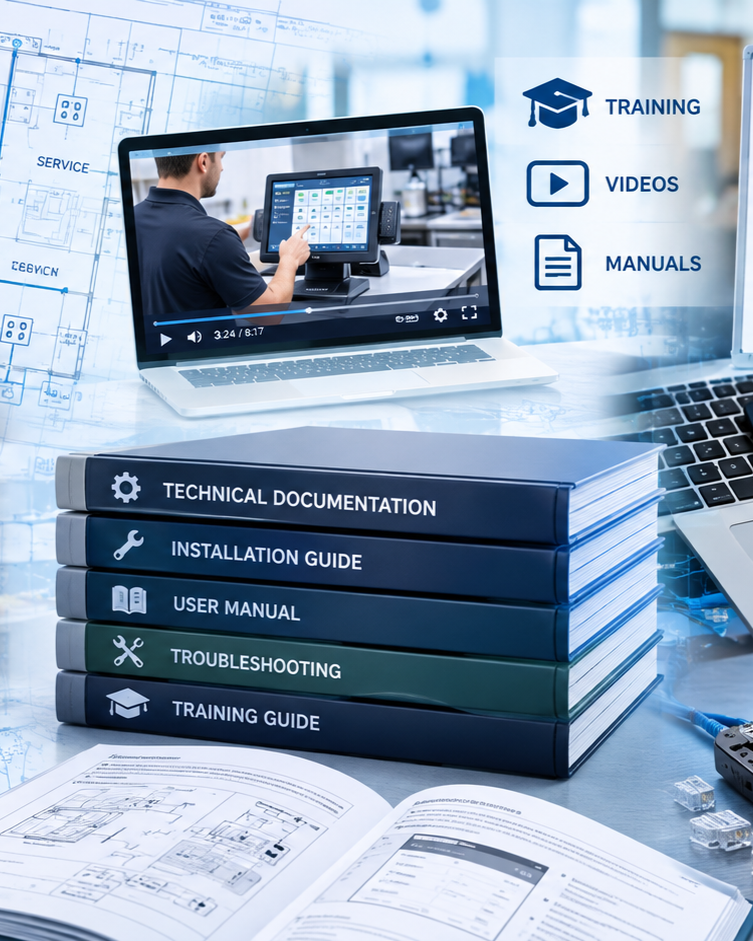 Stack of technical manuals on a desk, with an open book showing diagrams, a laptop, and a video training on a screen in the background.